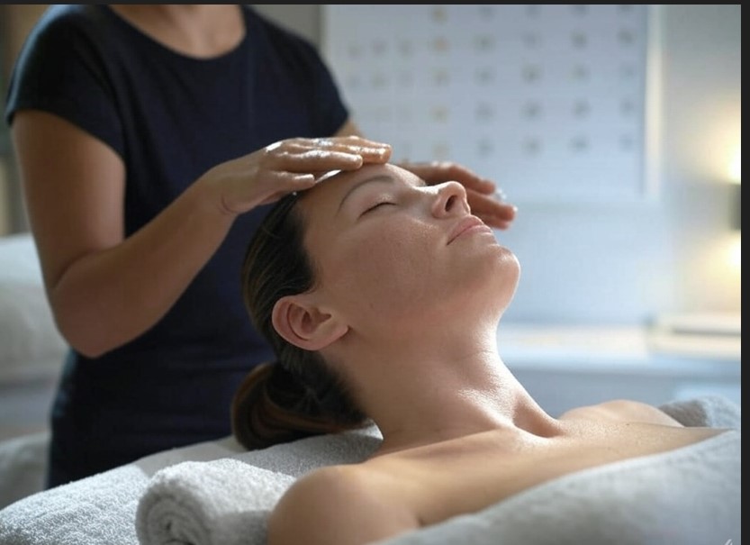 Woman performing detailed facial massage with a daily calendar in the background
