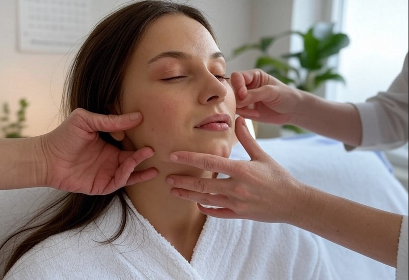 Woman demonstrating face massage techniques with a calendar showing daily sessions