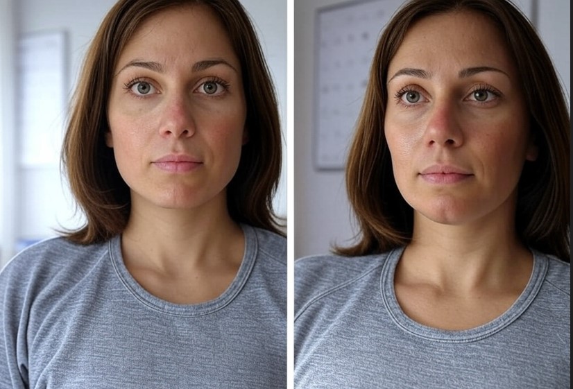 Woman showing before-and-after face yoga effects with title 'Does Face Yoga Really Work? Truth Revealed!' and calendar