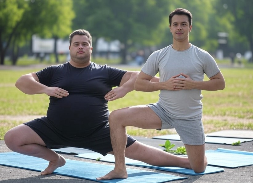 Two men doing yoga in a forest. An overweight and a thin man start with poses on mats, move to Vinyasa and Power Yoga, and end slim and toned amidst trees and health symbols