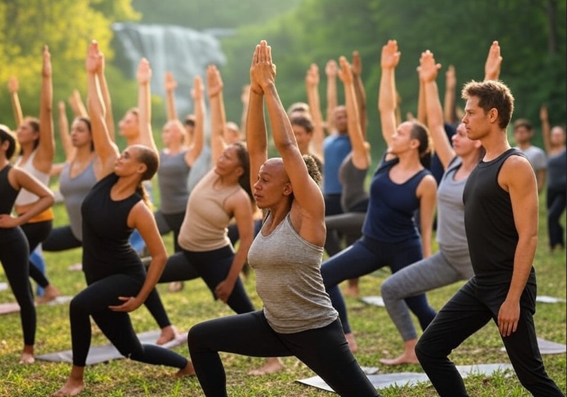 Two men doing yoga in a forest. An overweight and a thin man start with poses on mats, move to Vinyasa and Power Yoga, and end slim and toned amidst trees and health symbols